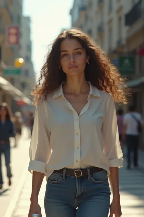 a young woman, 20 years old, white,  long curly hair, brown,  in a serious face, walking down the street holding a water bottle,blusa white,little full body,beautiful