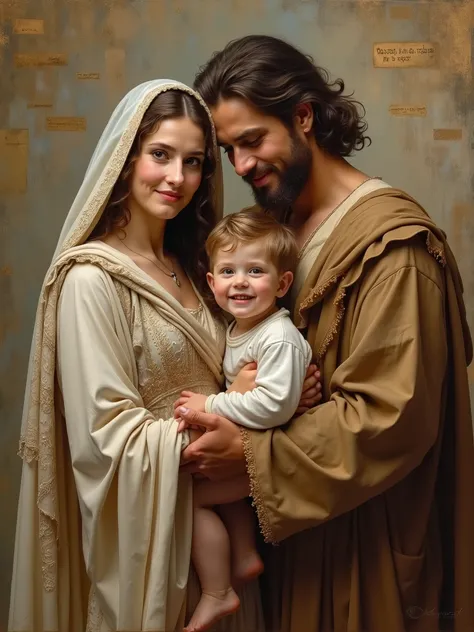  portrait of a couple and their boy in their arms , 1 again, both smile, are looking at the viewer,  clothes in Hebrew compositions ,  2000 years ago, woman with cloak and veil ,   William-Adolphe Bouguereau style oil on canvas