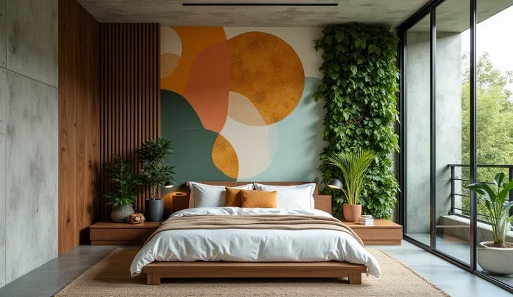 Walls: Use a mix of materials such as reclaimed wood, stone, and exposed concrete. Add a large abstract mural featuring organic shapes in earthy tones to create a focal point.
Vertical Gardens: bedroom, Incorporate living green walls or vertical gardens to...