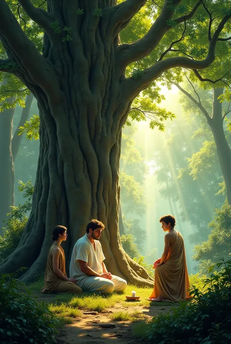 Healing is given healers to a man sitting under a big tree in a beautiful forest.