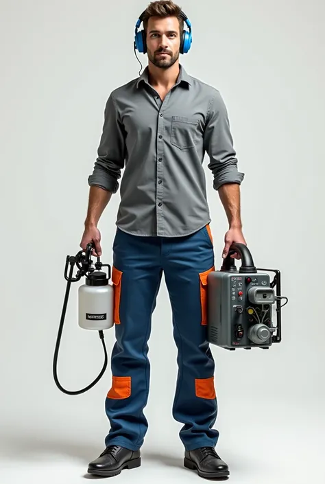 Man gray shirt,  with blue headphones ,  blue pants with orange details , holding a sprayer and an extractor
 IPC EA135 on the other hand 