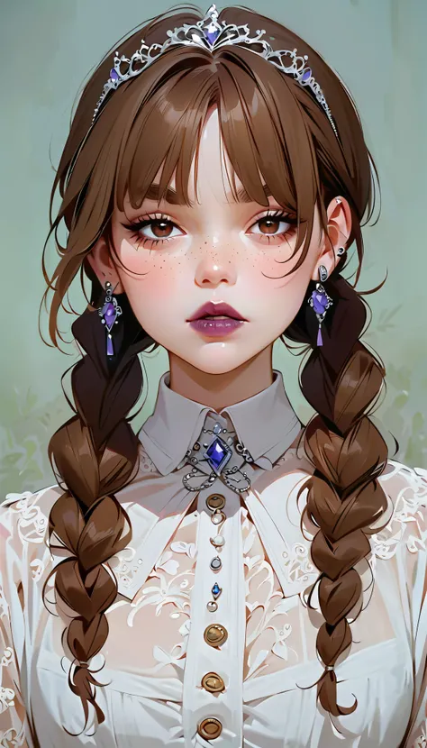  brown hair 、 brown eyes、Braided Pigtails、bangs、 thick eyebrows、 earrings for women with first name、Freckles、(masterpiece、 top quality : 1.2)、One depressed girl、 anime style、 Wednesday 、dark purple lips、 very white skin 、 looks bad、 silver tiara 、 in the s...