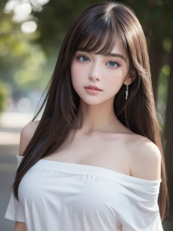 1girl in, ***19, Solo, Super long straight hair, Colossal tits, Looking at Viewer, ((shiny light dark hair))、Messy bangs between beautiful eyes、de pele branca、Beautiful skin、glowy skin、Gloss Face、Teak Gloss、Bare shoulders, jewely, Full body, (Very detailed...