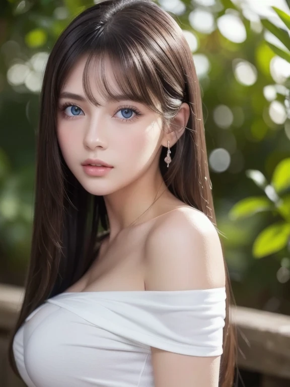 1girl in, ***19, Solo, Super long straight hair, Colossal tits, Looking at Viewer, ((shiny light dark hair))、Messy bangs between beautiful eyes、de pele branca、Beautiful skin、glowy skin、Gloss Face、Teak Gloss、Bare shoulders, jewely, Full body, (Very detailed...