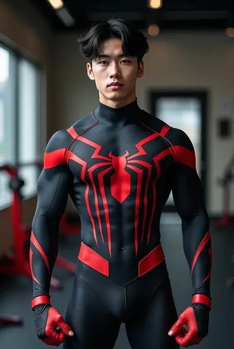 Handsome and sexy Korean teenager, teenager, young, male, wearing Spiderman black costume while showing his sixpack abs, muscular, sixpack, young, front view, Korean idol, hot, very muscle, very horny biceps and triceps, photo realistic, realistic, 8k, UHD...