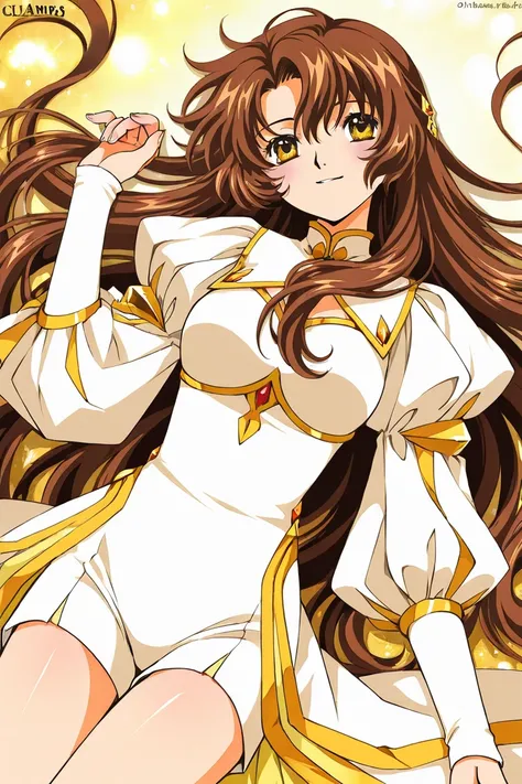 A girl that is an student. She has long wavy brown hair with shiny golden eyes with a beautiful white two pieces set. Smiling. Blushing. Clamp Tsubasa chronicles art style. 