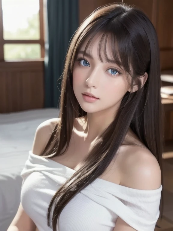 1girl in, ***19, Solo, Super long straight hair, Colossal tits, Looking at Viewer, ((shiny light dark hair))、Messy bangs between beautiful eyes、de pele branca、Beautiful skin、glowy skin、Gloss Face、Teak Gloss、Bare shoulders, jewely, Full body, (Very detailed...