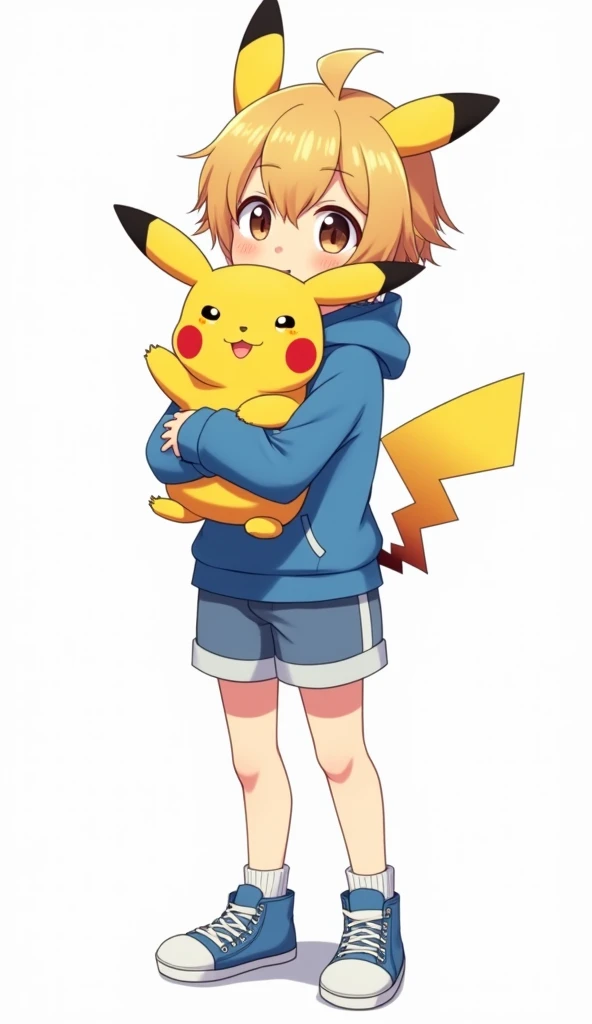 аниме — full body, image of an  boy, cute, digital image ,  blonde with medium lenght hair, bangs, brown eyes , illustration, blue hoody, shorts, socks, кроссовки, shy and cute expression, hugs pikachu toy, ryuta ueda work of art,  virtual youtuber model l...