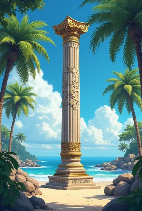  A great pillar that is specially marked with a love sign or an elegant pattern of love on a beautiful beach with animal coconut trees, stones and there is a sign  " enigmatic paradise "