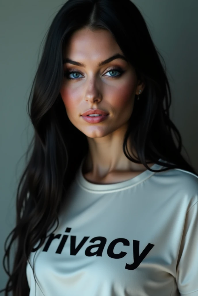 Woman, long straight black hair, blue eyes, with a shirt saying "Privacy" realistic, high quality, realistic, 4k, detailed 