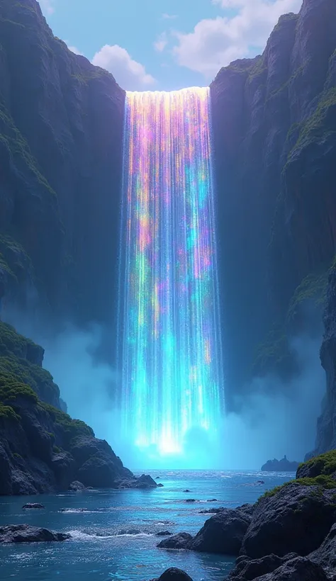 Holographic Waterfall: A massive waterfall with holographic streams radiating rainbow colors, set against glowing blue and green neon mountains.