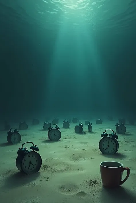 Dozens of alarm clocks on the seabed,  an old coffee cup covered in sand ,  the surface light is scarce , The tones are dark .  All this in the style of an impressionist painting 