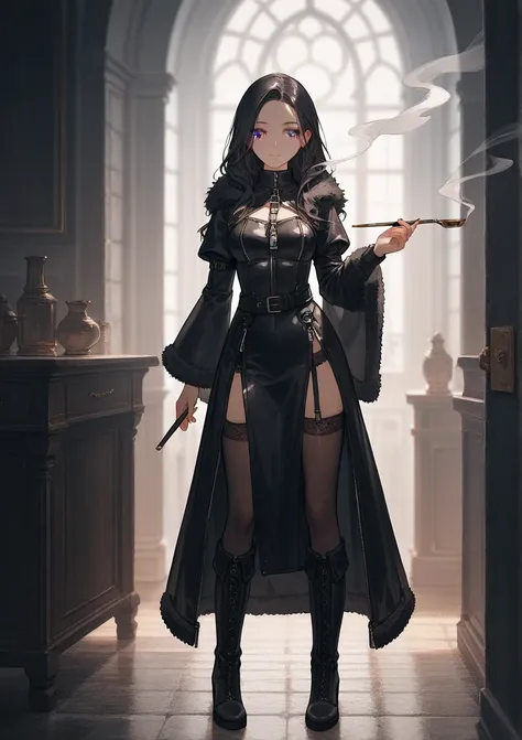 full body, score_9, score_8_up, score_7_up, (solo) ,black hair, long hair, violet eyes, sexy clothes, medieval setting, clothes, expensive clothes, age 30, fur scarf smoking pipe, creative design, stockings, belts all over the body, medium breasts, zipper ...