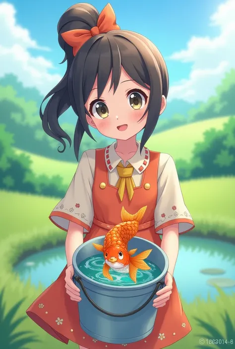 Anime girl that is not a , holding a bucket of water with a magikarp inside