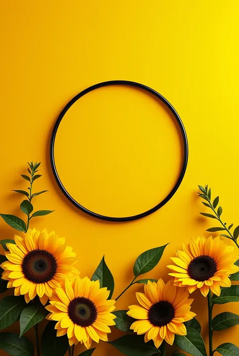  Create a background to create a Christmas banner in yellow and black,  with a circle in the center and with sunflowers in the lower part, Banner.