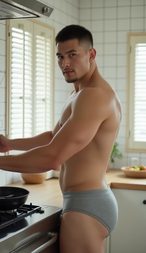 The light coming in from the louvered windows makes the room look bright and natural.

A 24-year-old Japanese male model, fat muscular and with a rugby player build, with cropped hair.
**Model pose:** The model stands in front of the stove, leaning forward...