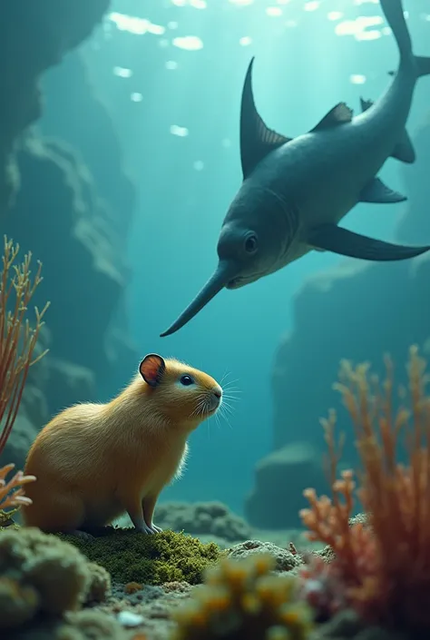 "In a surreal, underwater garden, a massive guinea pig with exaggerated, bulging muscles stands on a bed of sea moss, facing a giant swordfish with equally prominent muscles swimming above. The guinea pigs soft fur and curious eyes are highlighted by the g...