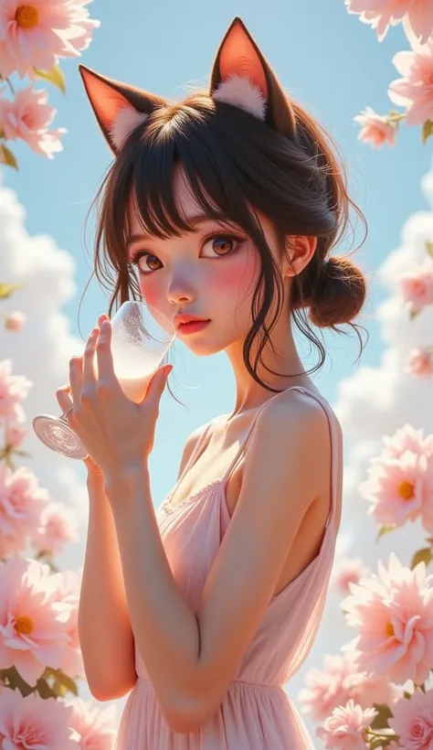 a beautiful anime girl with cat ears, drinking milk, incredibly detailed, highly realistic, 8k, hyperdetailed, photorealistic, exquisite lighting, soft pastel colors, glowing skin, large eyes, delicate facial features, intricate hair details, flowing dress...