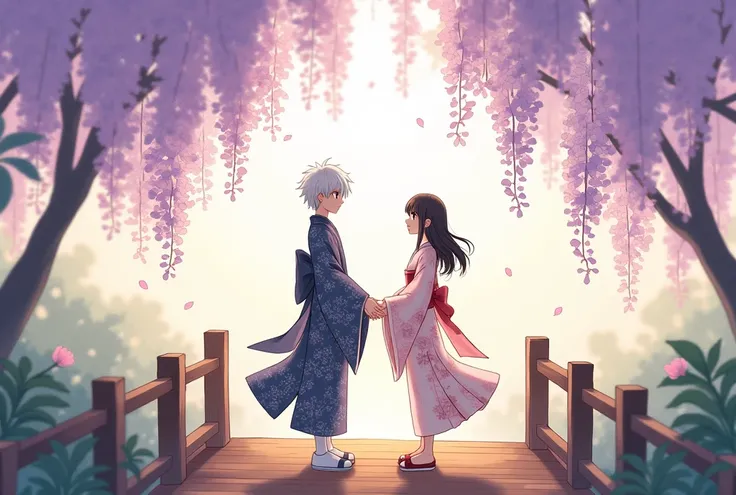 A dreamy anime illustration of a boy with snow-white hair in a traditional kimono, holding hands with a girl in an elegant kimono. They stand on a wooden bridge under a canopy of wisteria flowers, with soft pastel colors and delicate shading.