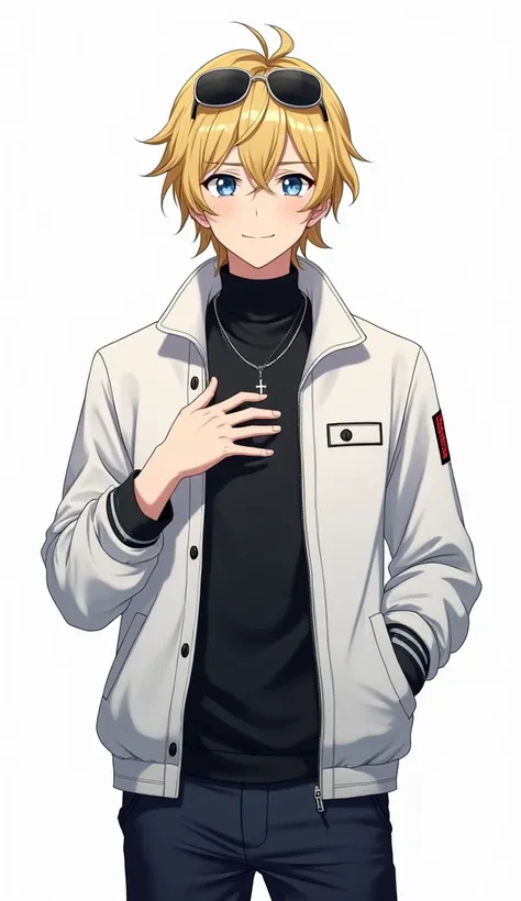 аниме — full body, image of an 30 years old man, manly, handsome, digital image ,  idol blonde man with medium lenght hair, bangs, blue eyes , sunglasses on head, illustration, white jacket,  black turtle neck, necklace, dark pants, sly and flirty expressi...