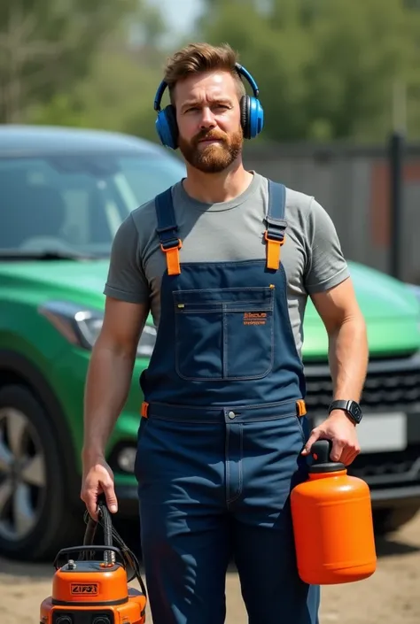  Man around 30 years old ,  is standing in front of ,  He wears a gray shirt , fome via bluetooth azul,  blue syrup with orange details ,  in his hand has a 35 liter IPC EA135 ,  extractor in the other a 7-liter orange sprayer , In the background a green c...