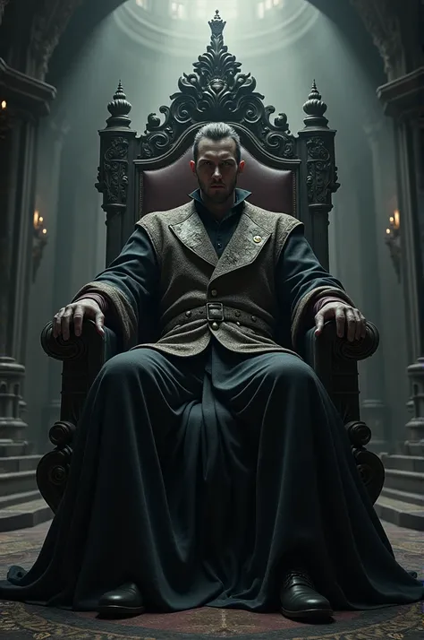 Man seated on a throne, dark atmosphere
