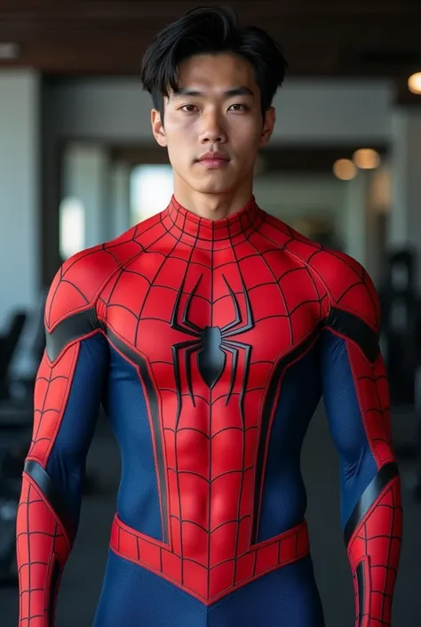 Handsome and sexy Korean teenager, teenager, young, male, wearing Spiderman costume while showing his sixpack abs, muscular, sixpack, young, front view, Korean idol, symmetrical face, firm jaw, hot, very muscle, very horny biceps and triceps, photo realist...