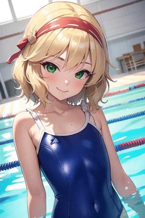 masterpiece, top quality , 1 girl,Alone,Sakurai Momoka, wave hair,Blonde, green eyes, headband,School Swimsuit,(frills), light smile ,Standing in the pool,indoor, upper body, Dutch angle,