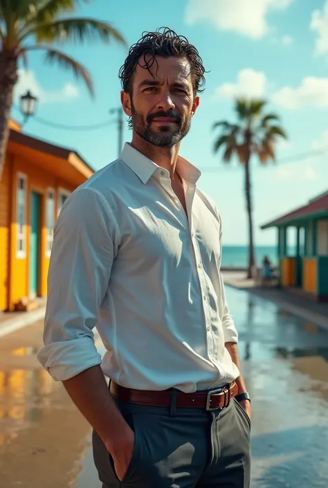 A photographic depiction of a 30-year-old man, a successful tech entrepreneur, standing near the edge of a small, modern seaside town in the United States. He is wearing a drenched dress shirt and tailored trousers, with water dripping visibly from his clo...