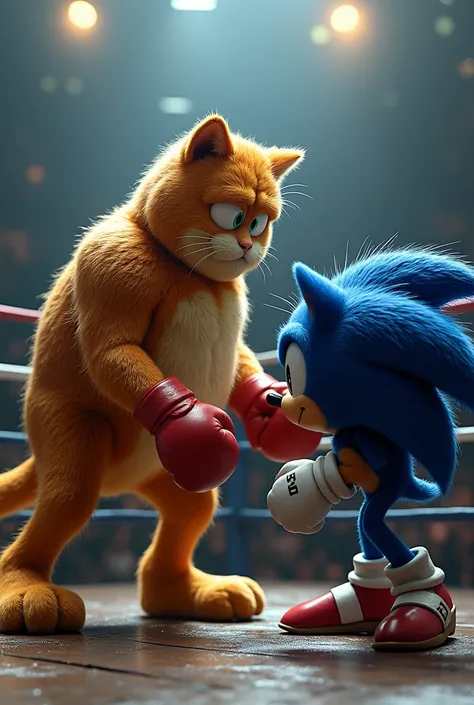  Make Garfield and Sonic in a ring fighting in a boxing fight. May they both be very strong  