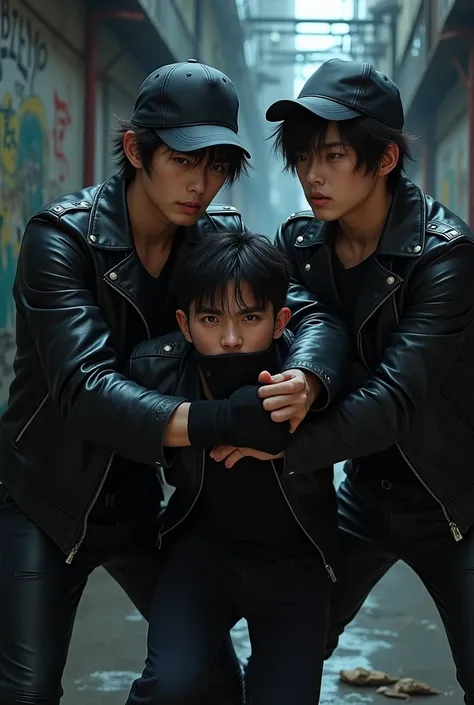 Two handsome horny young Korean guy 20 years wearing trucker caps, black leather jacket, gloves and bandana slayer, hand gagging a handsome 19-year helpless boy using hand with black bandana in alley 