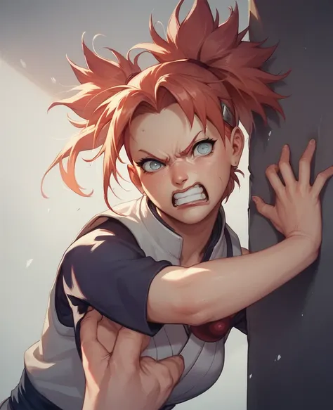 Sakura haruno from Naruto, angry face, punching the wall 