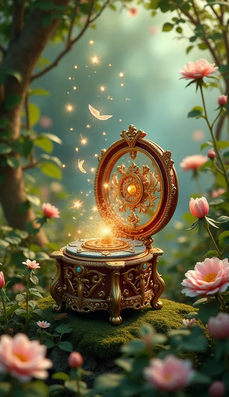 Generates an ultra-detailed open-top music box performs (Does not contain a ballerina), in a floral setting, photo-realistic, ultra-detailed, angelic atmosphere