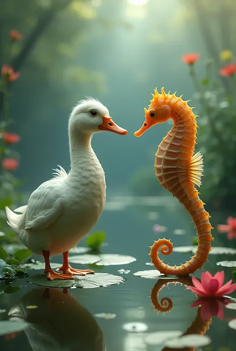 In a surreal, enchanted pond, a massive duck with exaggerated, bulging muscles stands on a lily pad, facing a giant seahorse with equally prominent muscles floating nearby. The ducks feathers and webbed feet are highlighted by the soft, dappled sunlight fi...