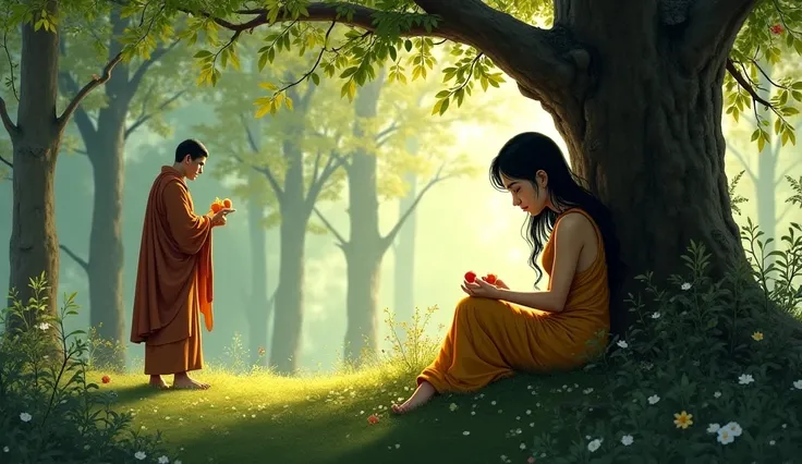 Purbasari sitting under a tree in the forest, crying.  A monk approached him and gave fruit.