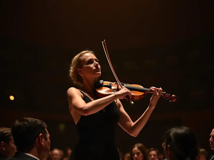 woman with a violin in her hand on stage thanking the audience for witnessing her act  