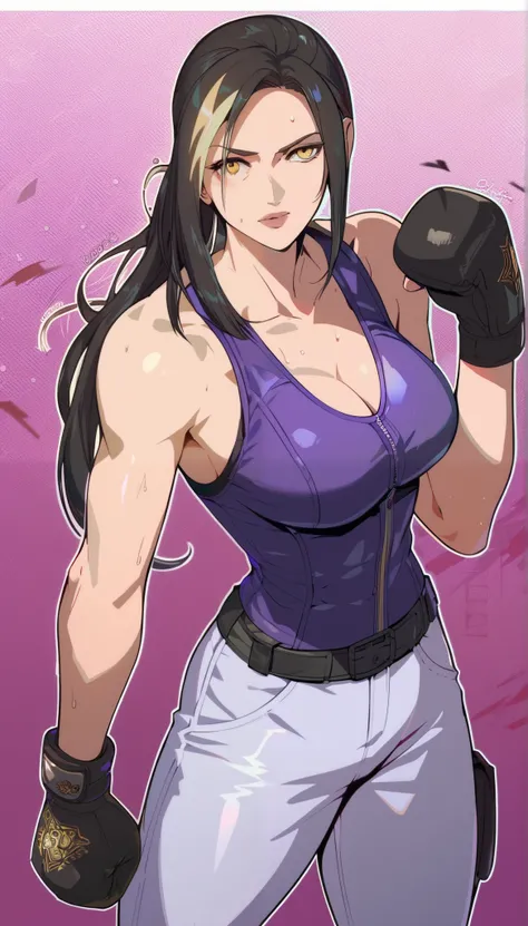 black hair,masterpiece,best quality,highres,ultra-detailed,aashizue,yellow eyes,long hair,cargo pants,(tank top:1.2), boxing gloves,cleavage,toned, sweating, (sleeveless:1.4),cowboy shot,