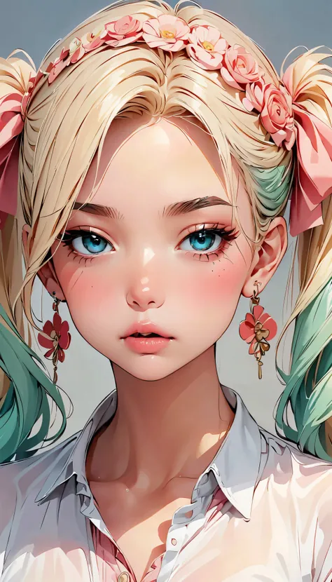 Hatsune Miku 、Dark green hair、 blue eyes、 twin tails、bangs、 thin eyebrows、 earrings for women with first name、solo、 upper body、(masterpiece、 top quality : 1.2)、One depressed girl、 anime style、Sony white headphones、Pale pink lips、 very white skin 、 looks b...