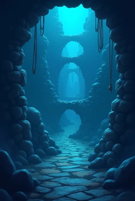 The background for my game , where the chain of levels from the first to the fourth will be located.  View from above and in the dungeon . A friendly atmosphere with shades of blue. Height 1080 ,  width 1920