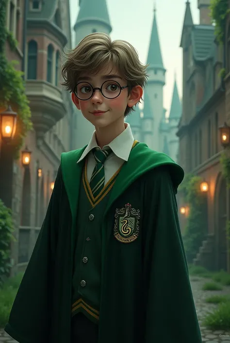 Create a 15-year-old male teenager , With glasses bottomed with medium brown eyes,  long light brown hair ,  white skin , wearing the Slytherin outfit from Harry Potter, na Hogwarts
