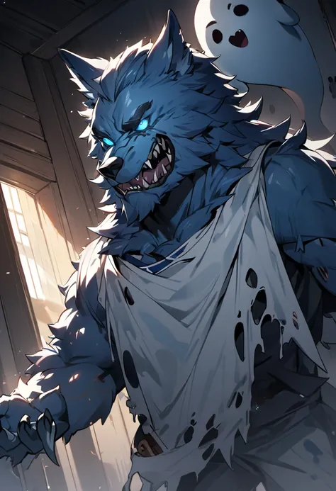 a blue werewolf, wearing torn sailor clothes, behind him a ghost of a sailor, 8k high definition