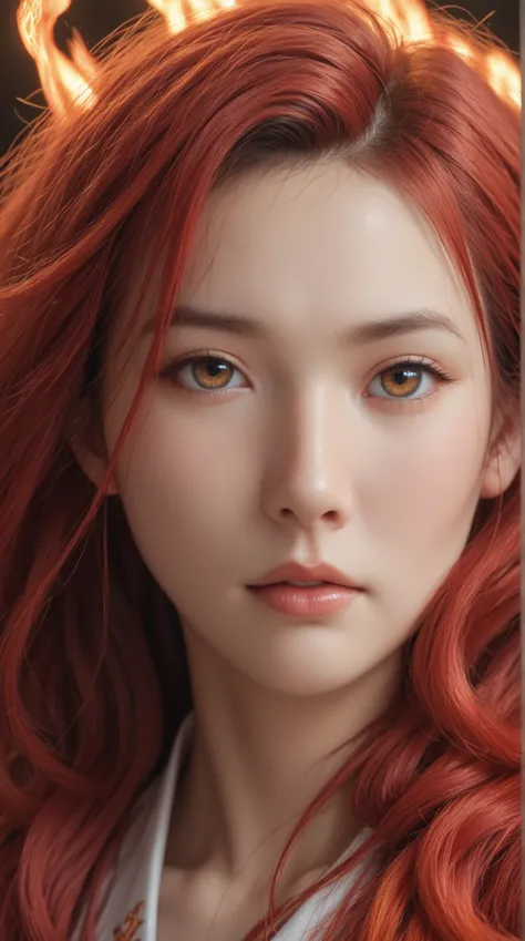  Noble quality fiery red Japanese female warrior，Long fiery red hair flowing ，close-up, Looking up at the camera,  high detail,  Best Quality , 