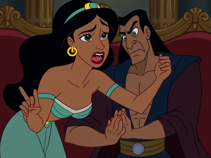  The image should depict Princess Jasmine being vaginally raped by the skinny Jafar. She is clearly in pain and distress, her face contorted in agony as she feels his invasion. Her dress is torn off, revealing her undergarments, and there are bruises all o...