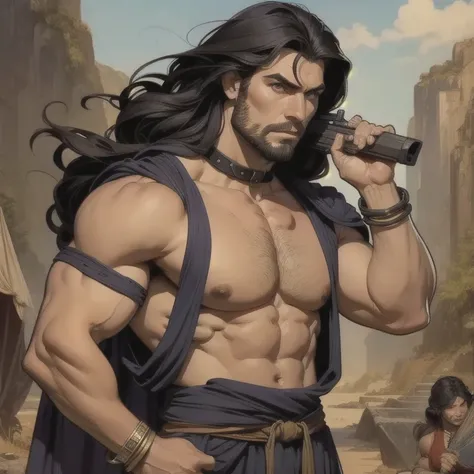 barbarian man, 1 boy, wielding a gun, hands, , for the,   long hair ,  black hair,  upper body ,  male focus , Open clothes , Solo Focus, collar, bracelet, ,  muscular man , alabarda,  movie grain ,