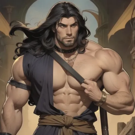 barbarian man, 1 boy, wielding a gun, hands, , for the,   long hair ,  black hair,  upper body ,  male focus , Open clothes , Solo Focus, collar, bracelet, ,  muscular man , alabarda,  movie grain ,