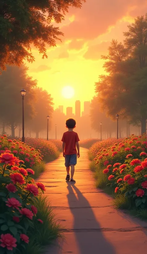 1 boy looking down Walk to Park sunset flower 