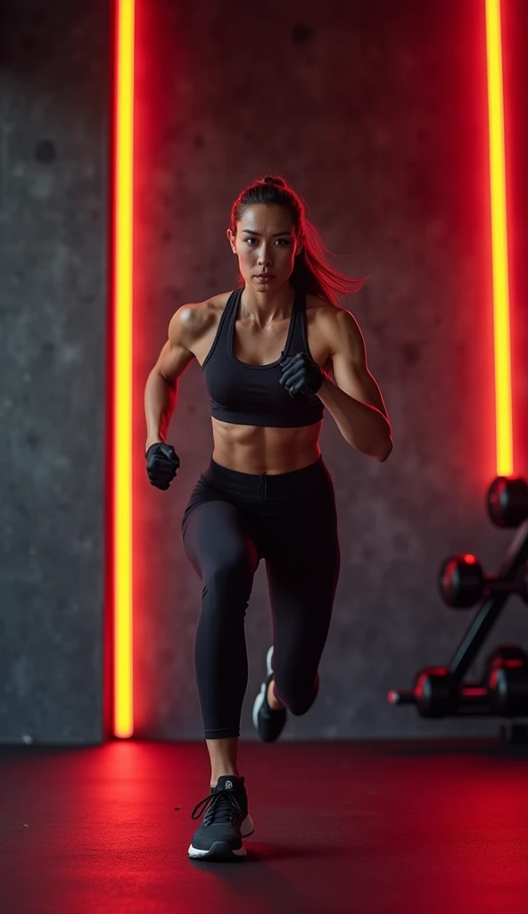 The background is a gym which is dark gray or black with vibrant red and orange accents to create energy and urgency. The central image features a fit and athletic woman in workout clothes performing a dynamic exercise, such as a squat jump, with a determi...