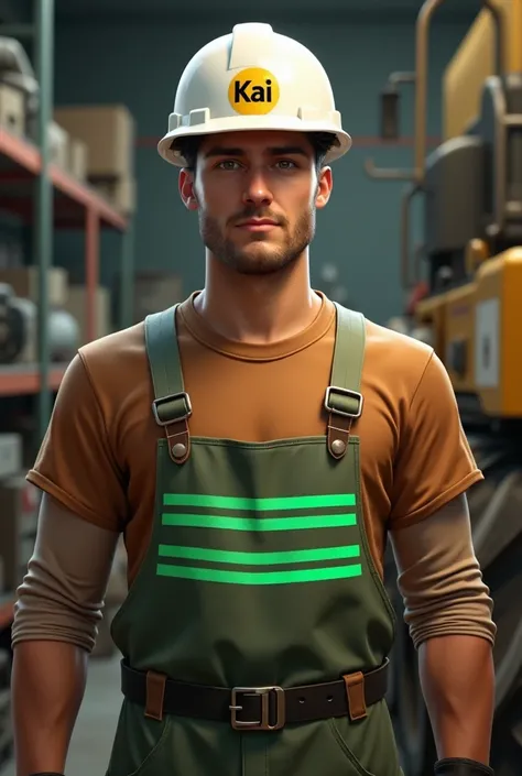 Heavy equipment mechanic with a white helmet with a yellow KAI logo, wearing a brown long-sleeved t-shirt with 2 shiny green stripes on his stomach facing the front