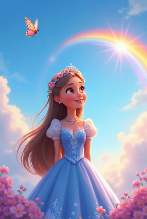 Crie uma capa de e-book  com o fundo de um céu blue claro,  with soft and magical clouds . In the center of the scene, include Lunna , A ,  model with straight hair, light brown, up to the shoulders. Ela usa uma tiara de flores coloridas e um vestido blue ...