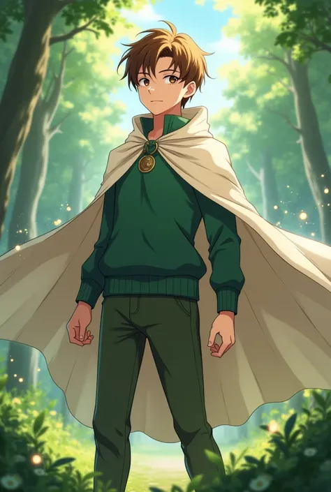 15-year-old boy in green sweater and white anime-style cape 